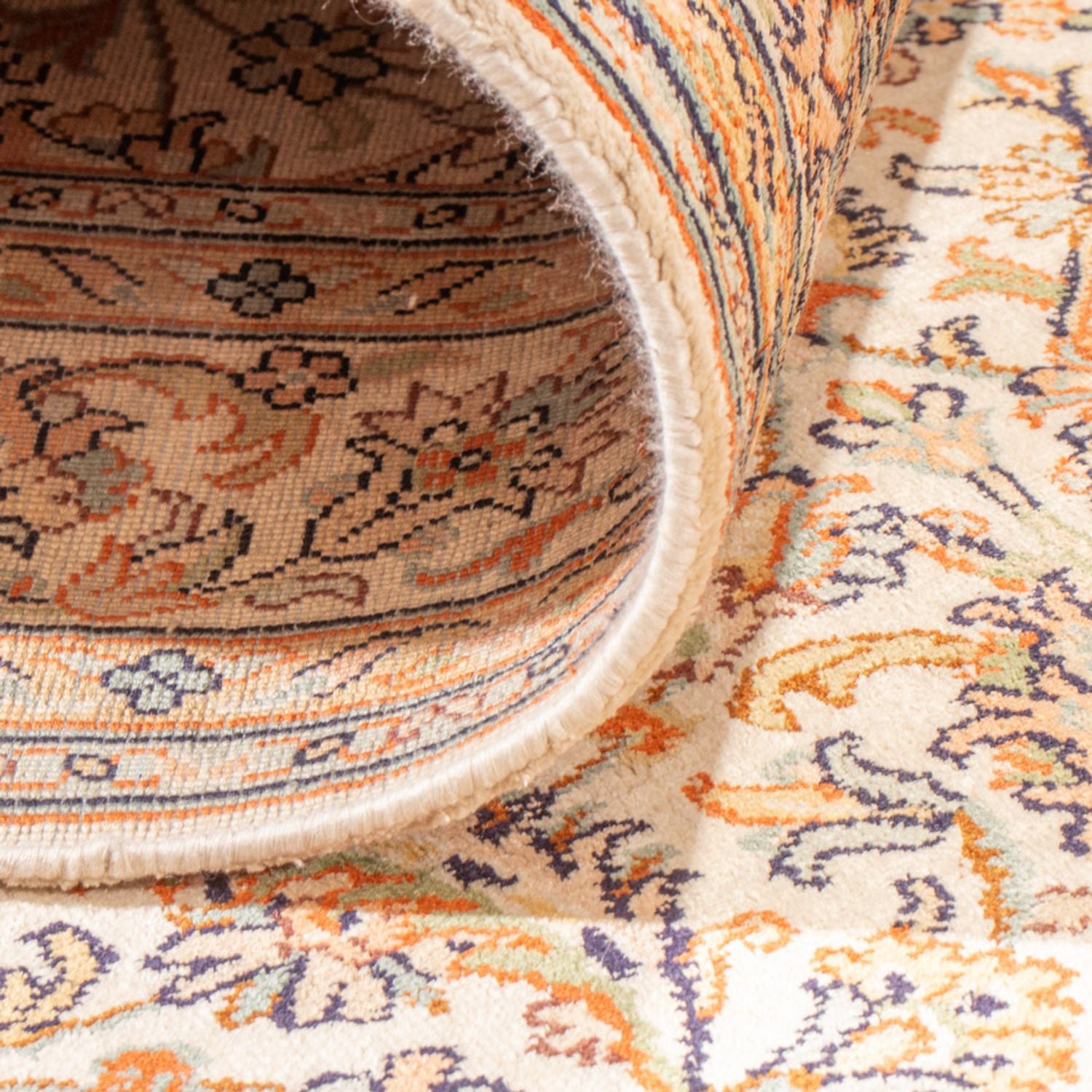 Tappeto corsia Tappeto di seta - Seta del Kashmir - 447 x 98 cm - crema