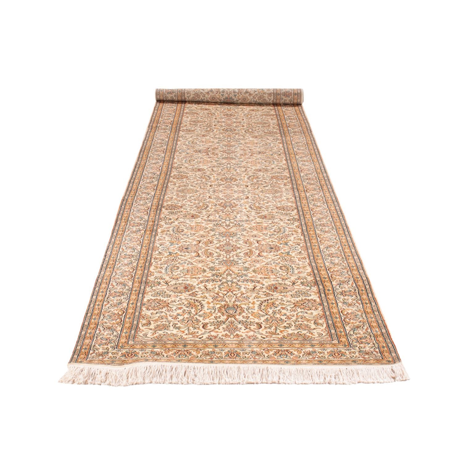 Tappeto corsia Tappeto di seta - Seta del Kashmir - 447 x 98 cm - crema