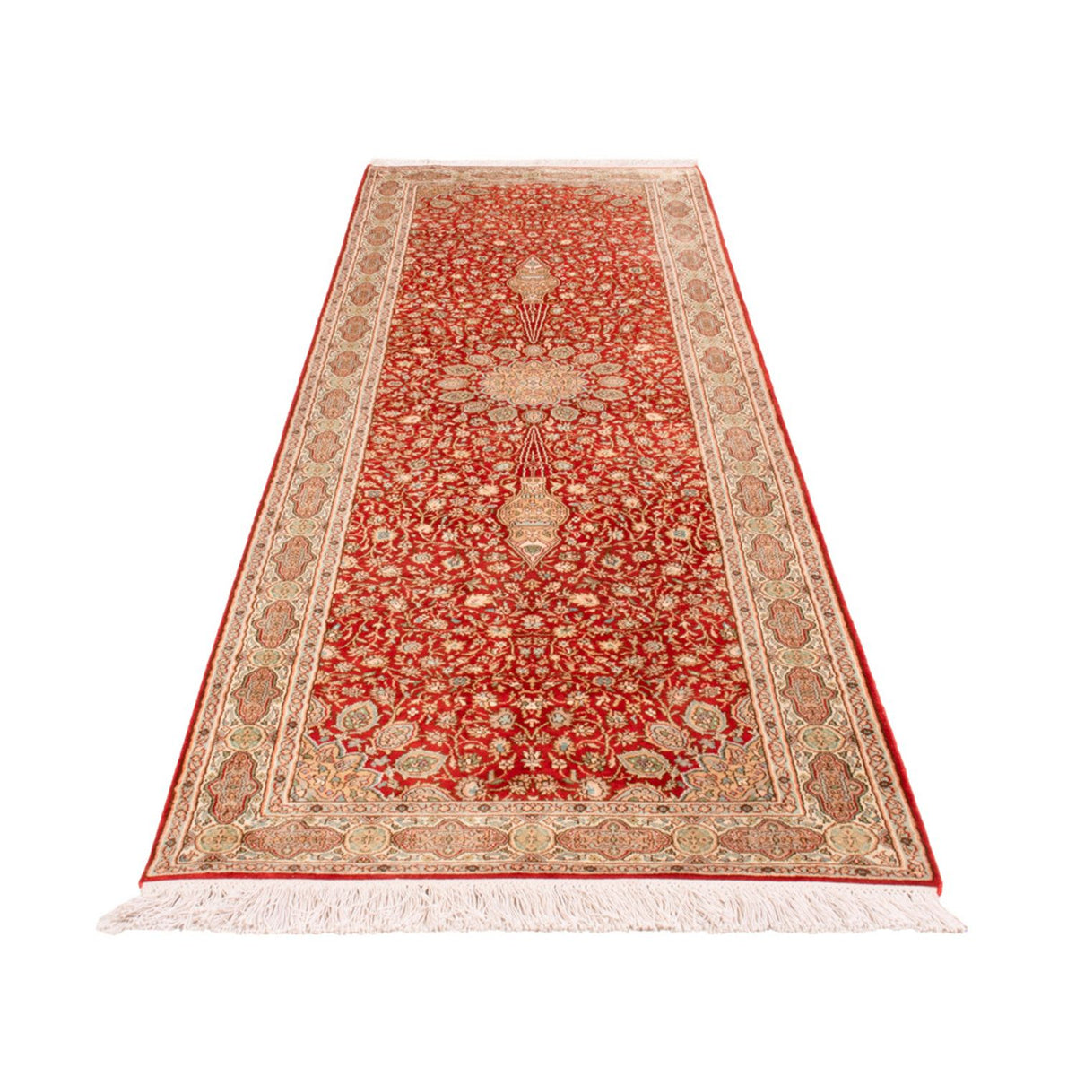 Tappeto corsia Tappeto di seta - Seta del Kashmir - 251 x 79 cm - rosso