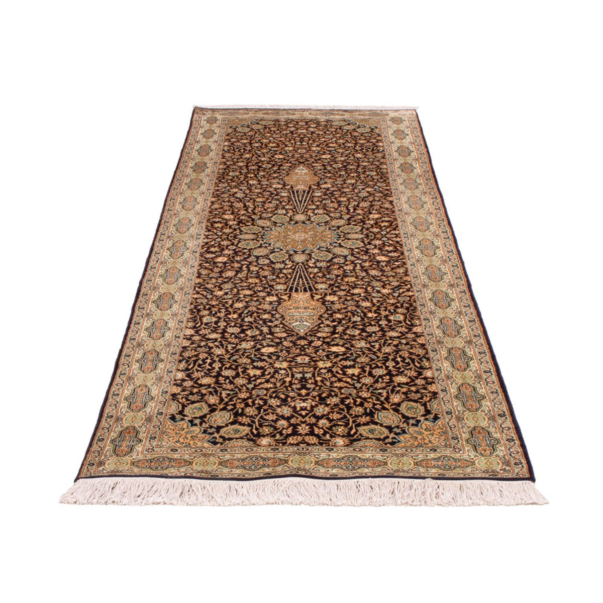 Tappeto corsia Tappeto di seta - Seta del Kashmir - 255 x 81 cm - beige scuro