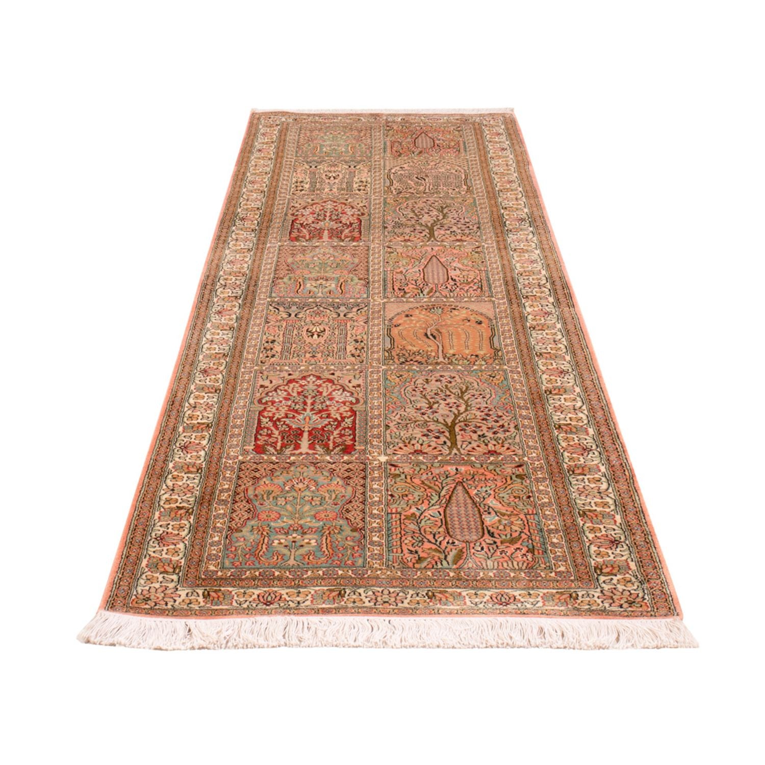 Tappeto corsia Tappeto di seta - Seta del Kashmir - 287 x 79 cm - beige scuro